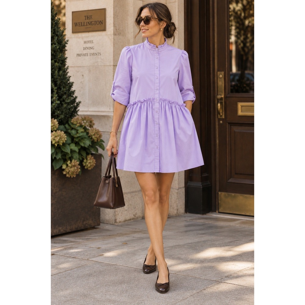 Taylor Tillman Cammie Lavender Cotton Poplin Babydoll Shirt Dress Ruffle Small